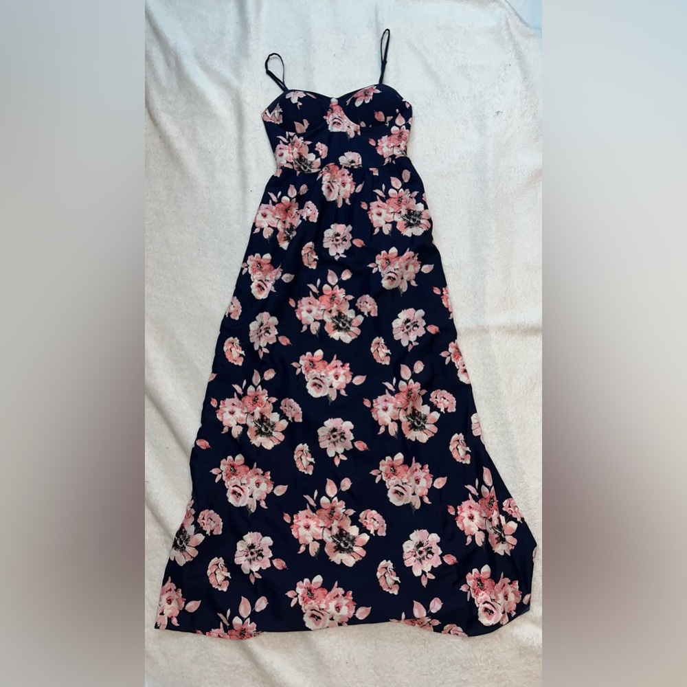 Long elegant blue and floral dress